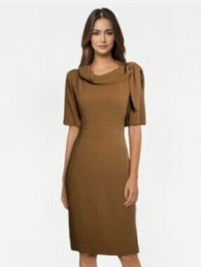 Suite 7 Camel Cowl Neck Sheath Dress with Shoulder Bow